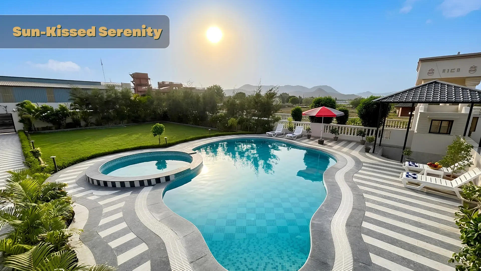 Sun-kissed main pool and jacuzzi at midday